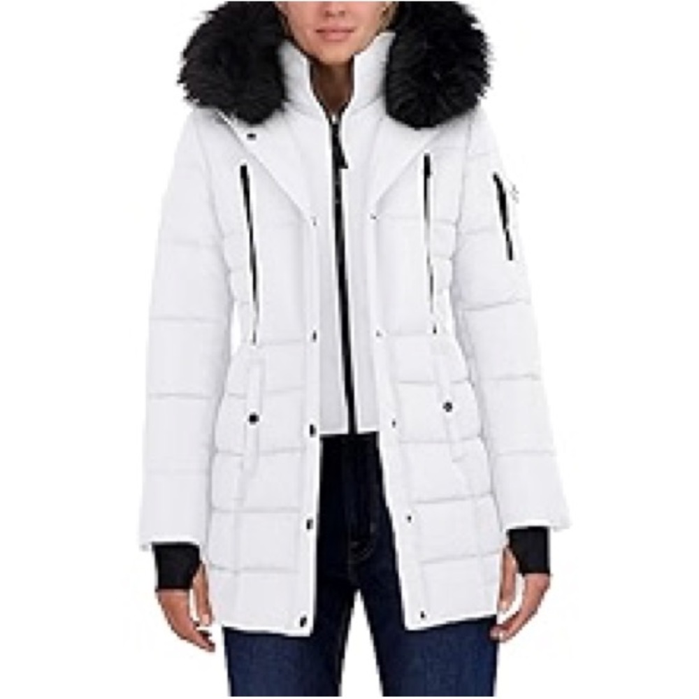 Nautica White and Black Puffer Jacket with Faux Fur Trim
